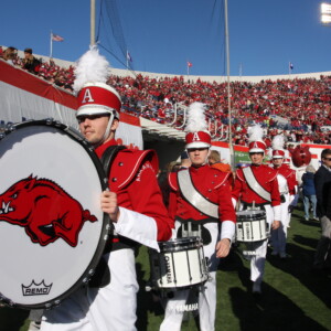 Arkansas Democrat-Gazette/BOBBY AMPEZZAN / 1/2/16 / Razorbacks marching band members Cole Coston, Chad Pinter, Jesse Warren and Riley Hillegas at the Liberty Bowl in Memphis.